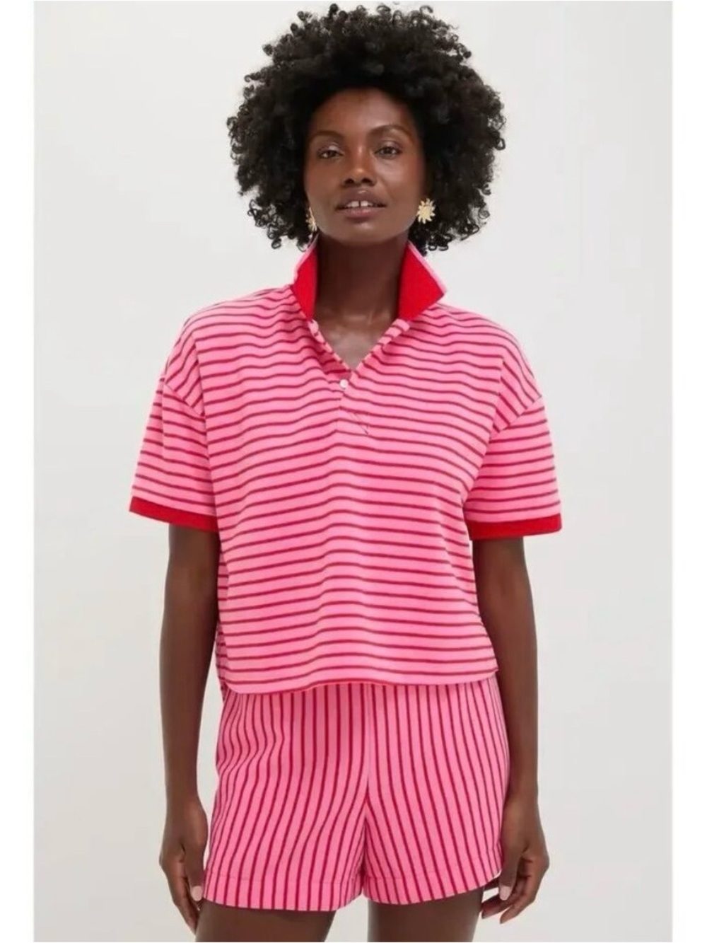 Tuckernuck Pique Holmes Boyfriend Polo Red and Pink Striped Size Small